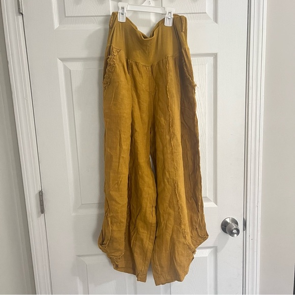 imagine fashion Pants - Imagine fashion women avant garde mustard yellow wide leg pull on linen pants